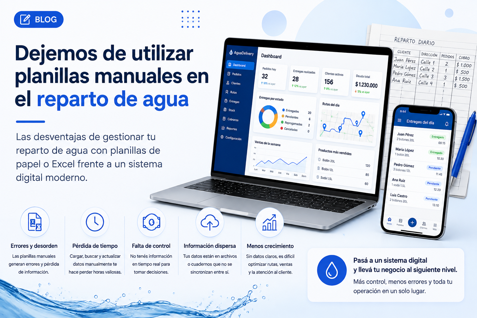 Planillas manuales de papel siendo reemplazadas por un software de gestión digital