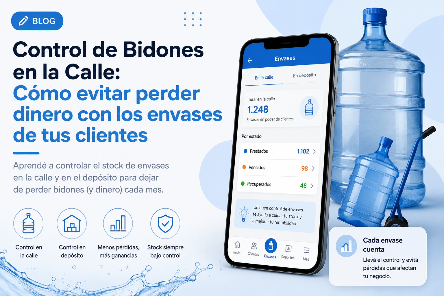 Bidones de agua retornables de 19 litros listos para reparto