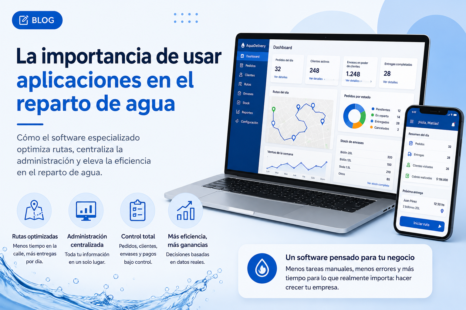 Emprendedor de reparto de agua organizando su negocio con un software gratuito
